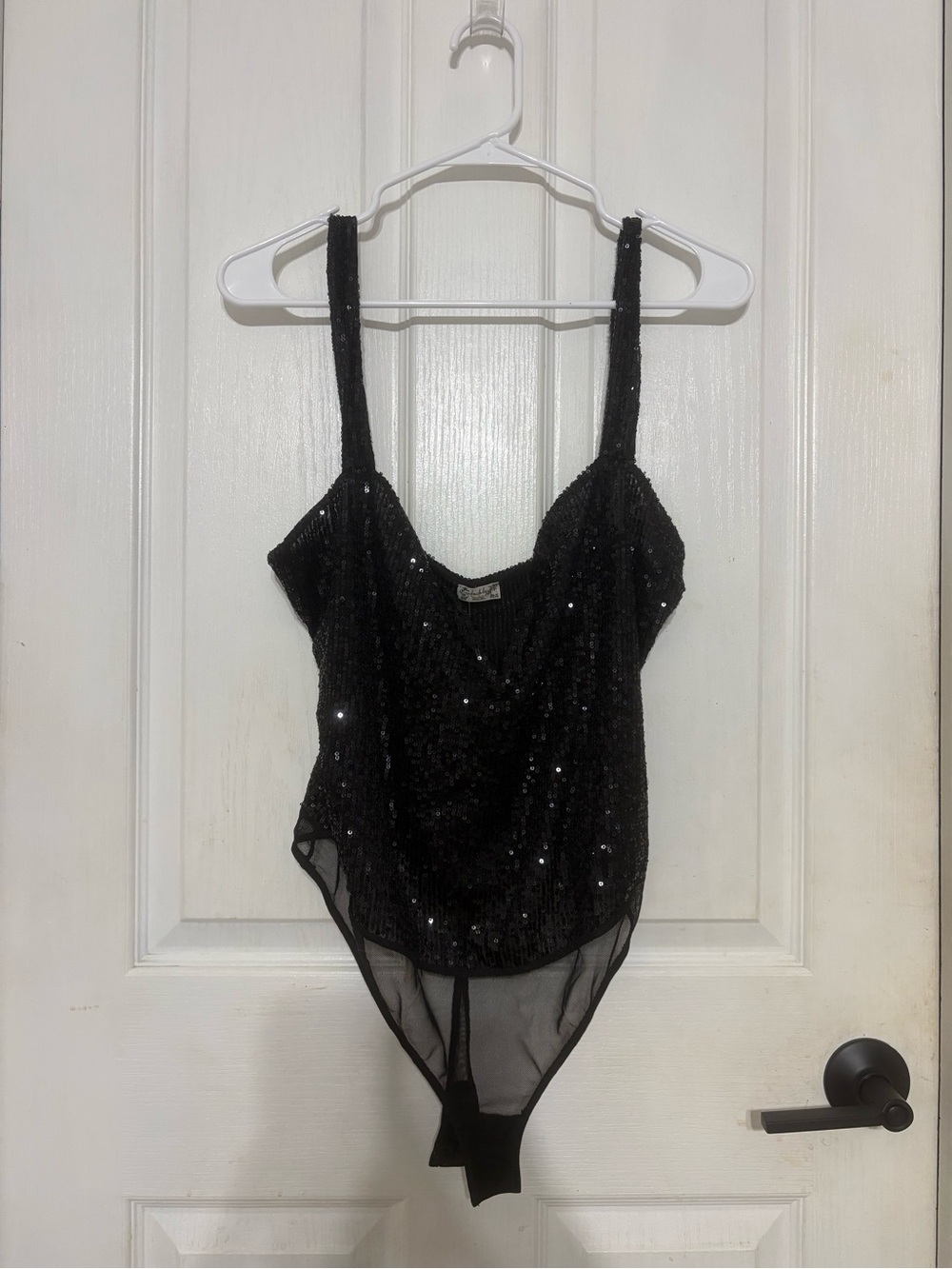 Black Sequin Bodysuit with Sheer Mesh Panels - Picture 1 of 4